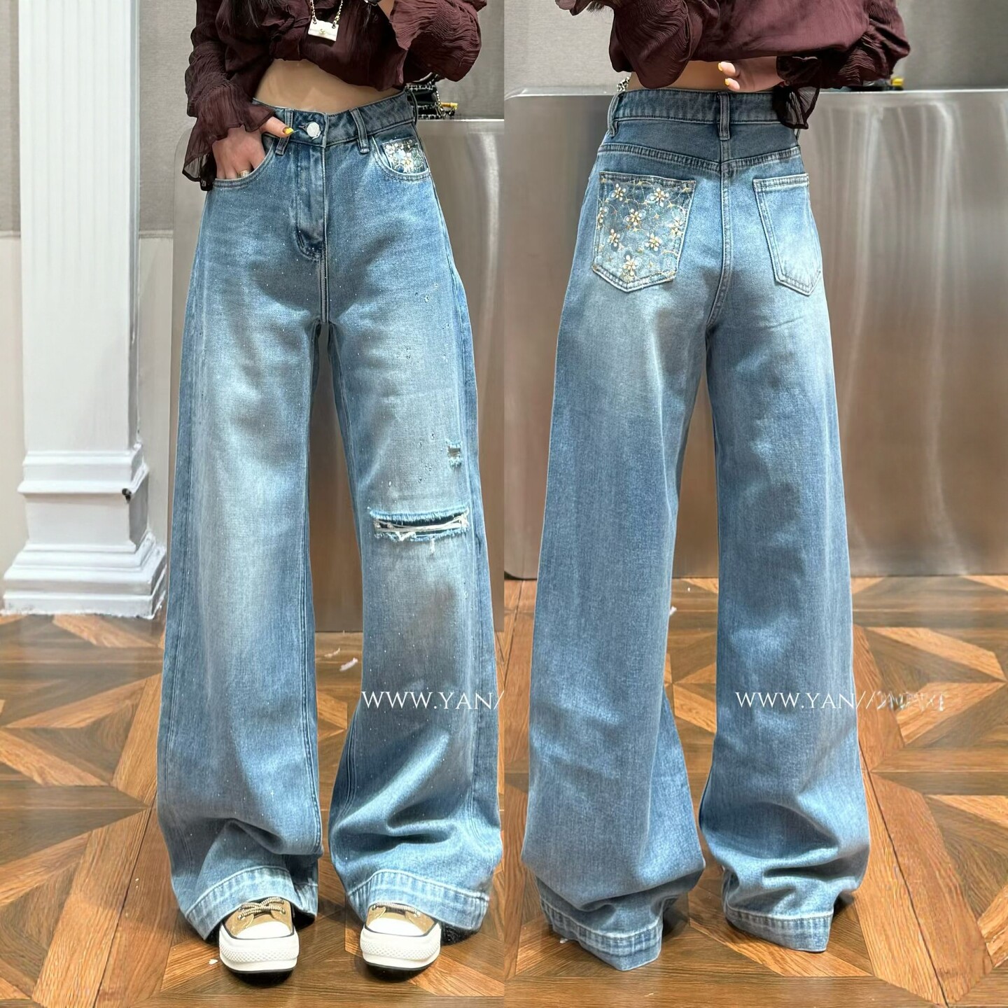 欧洲站2026春季新款欧货刺绣花朵口袋个性割破烫钻阔腿牛仔裤长裤