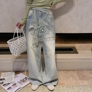 .COM百搭拼接蕾丝门帘显瘦直筒牛仔裤 25392 新款 欧洲站2026春季