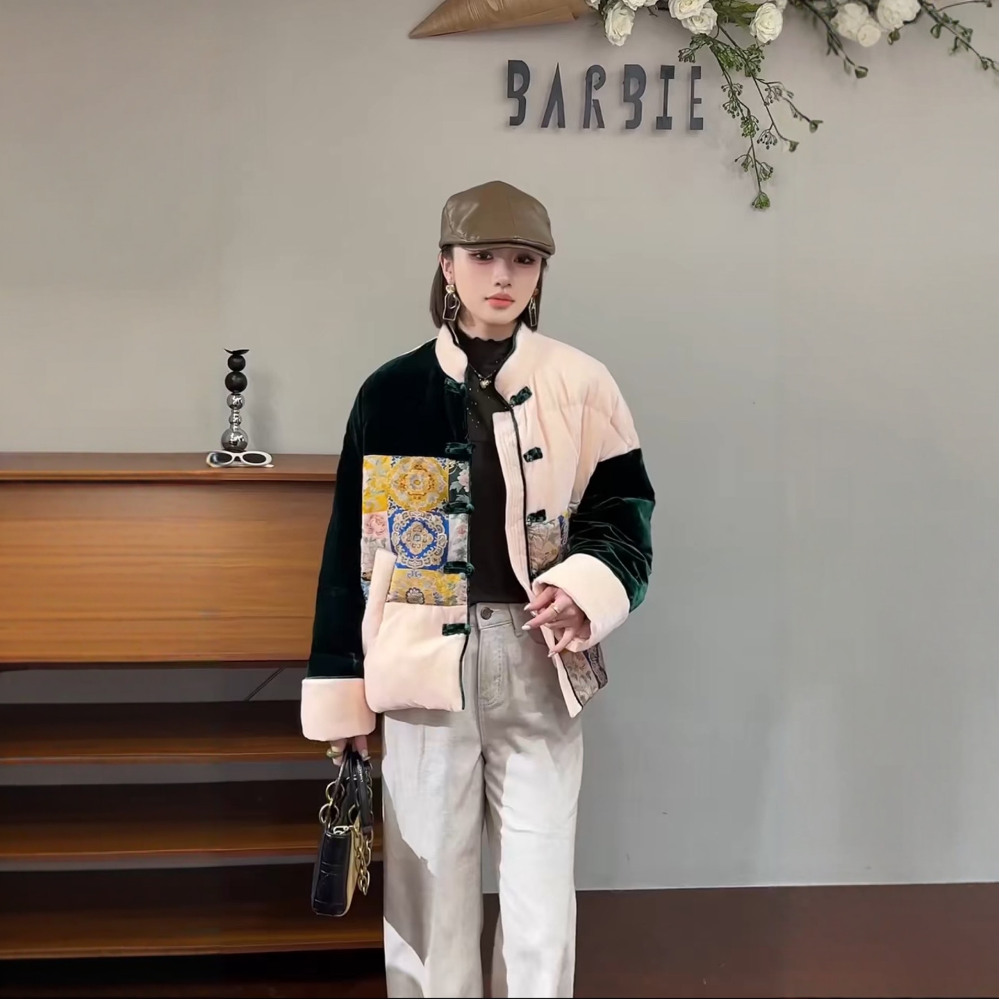 欧洲站2025冬季新款DT.Dong复古拼色刺绣提花丝绒鹅绒羽绒服外套