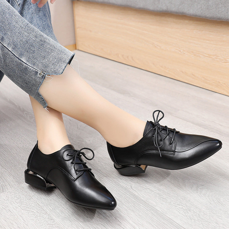 春秋季上海登云皮鞋女真皮单鞋韩版时尚低跟尖头系带粗跟女式皮鞋