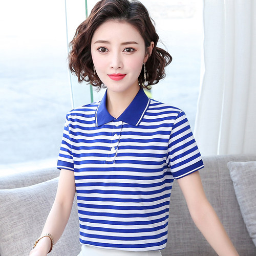 翻领海魂衫女夏季纯棉短袖t恤 蓝白条纹有领带领半袖妈妈装polo衫