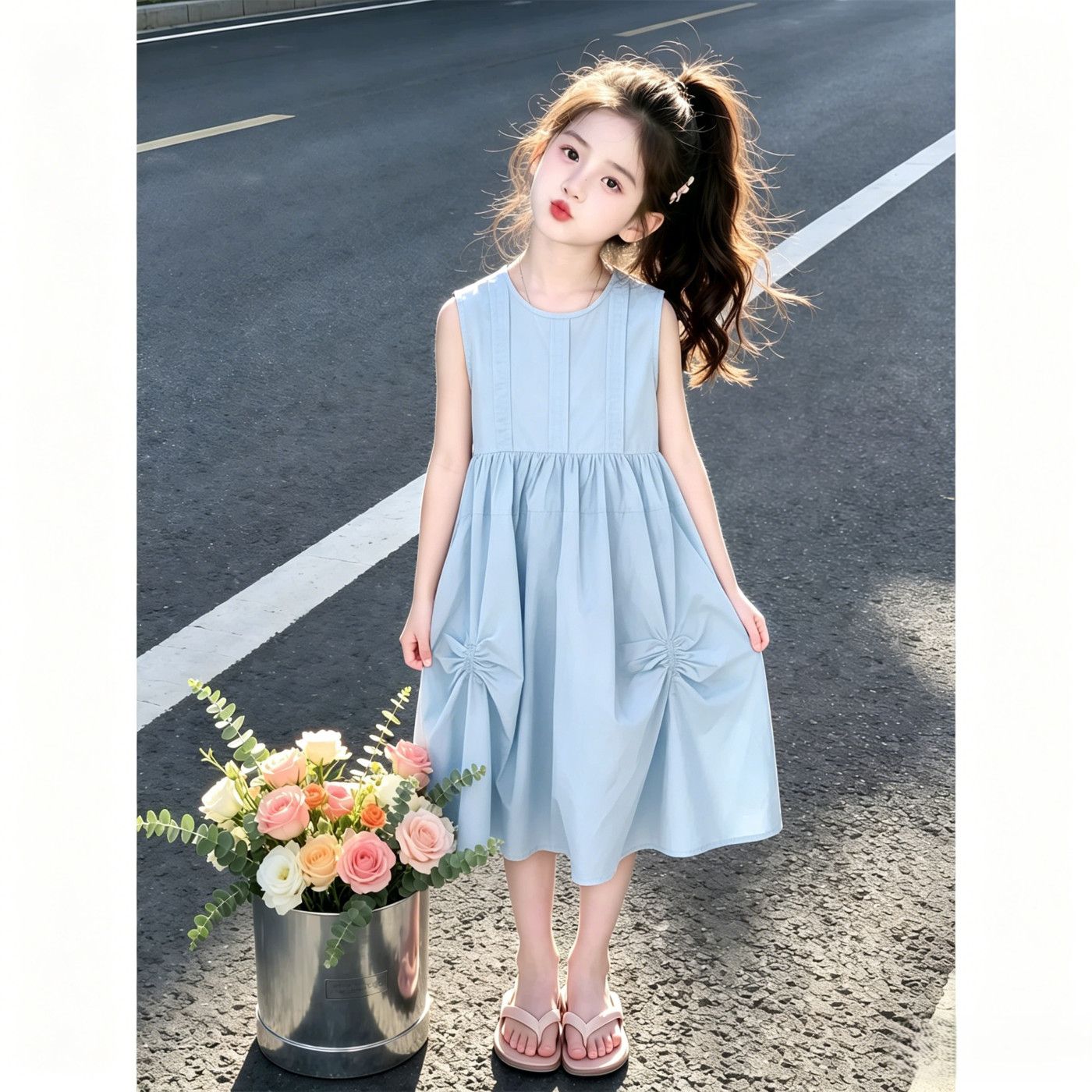 女童夏季连衣裙2026新款儿童洋气公主裙中大童短袖清新纯色裙子