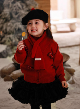 大小卷【甜心可可】冬季新款女童蝴蝶结圆领套头毛衣-410020