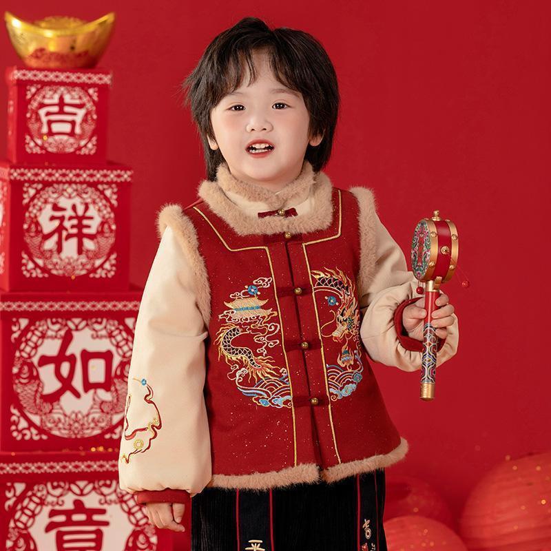 国潮拜年服男女童宝宝传统套装冬季汉服中国风喜庆过年唐装礼服潮