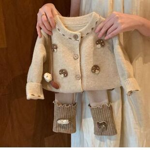 女童春秋套装2025新款女宝宝秋季洋气网红毛线外套打底裤两件套潮