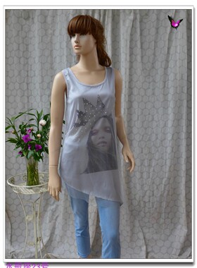 夏季银灰色网纱无袖T恤中长背心人像镶钻不对称休闲婚姻女士上衣