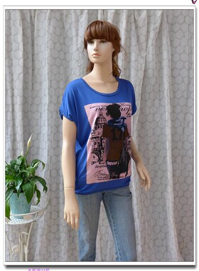 夏季圆领人物短袖宽松型薄款T恤蓝红色清仓特价街头运动休闲女