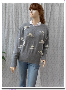 春季套头圆领直筒灰色软糯兔毛长袖针织衫通勤淑女复古毛衣毛绒球