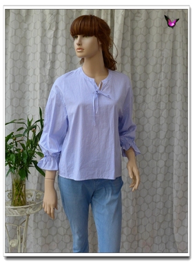 春秋夏蓝色条纹套头V领宽松蝴蝶结清新校园风纯棉长袖衬衫衬衣女