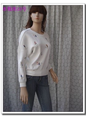 秋季白色套头圆领长袖短款太空棉卫衣印花小人清新减龄T恤