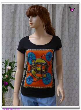 夏圆领修身印花烫钻短袖t恤女士上衣拼接镂空黑色绿色棉拼接网纱