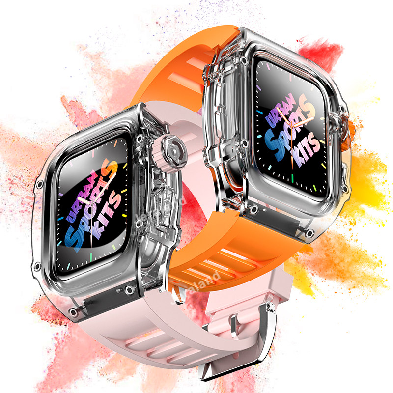 苹果改装表壳适用于iwatch4/5/6/SE/7/S8透明表壳亲肤硅胶表带