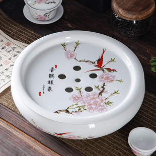 潮汕传统功夫茶盘家用陶瓷茶台圆形茶托储水式花卉茶海功夫茶具