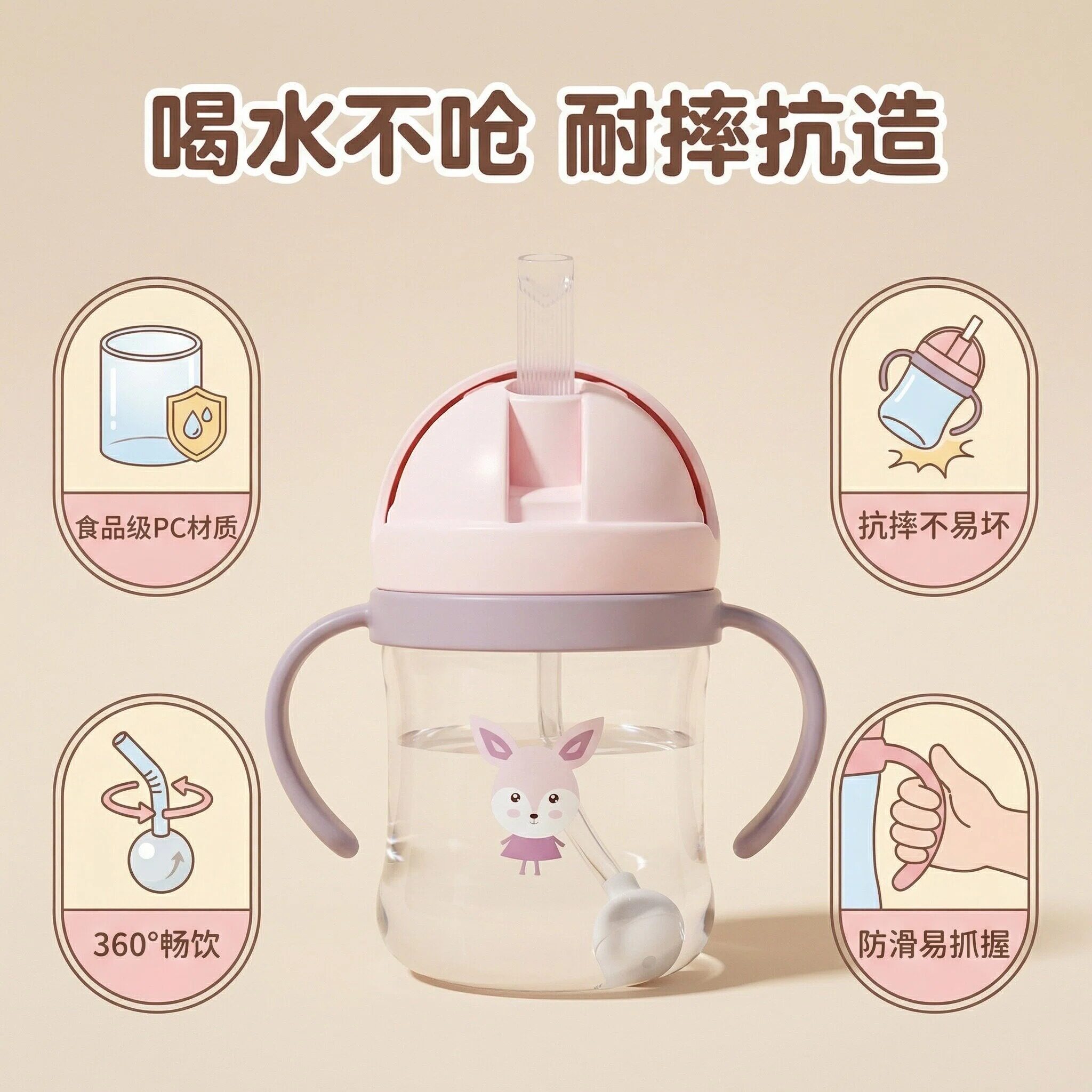 宝宝学饮杯 防漏防呛防滑手柄 食品级 PC 耐摔婴幼儿喝水杯250ml