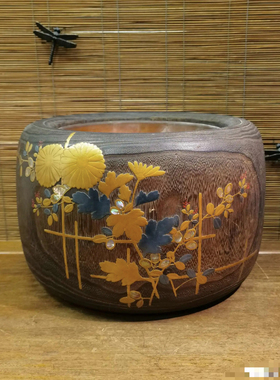 日本老桐木铜胆金时绘嵌螺钿火钵，外径30厘米，铜胆内径20高20