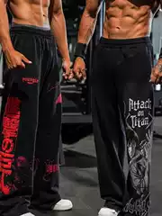 Youngla American-Style Muscle Fitness Sports Pants for Men and Women, Elastic Cotton Straight-Leg Loose Casual Printed Wide-Leg Pants