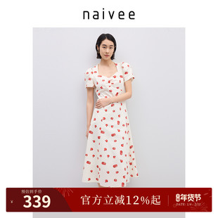 商场同款naivee纳薇25夏新款元气甜美红石榴印花茶歇裙复古方领