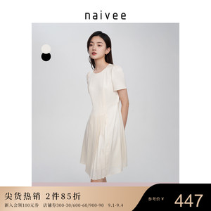 naivee纳薇23春夏臻品通勤知性百褶收腰短袖醋酸清凉连衣裙小黑裙