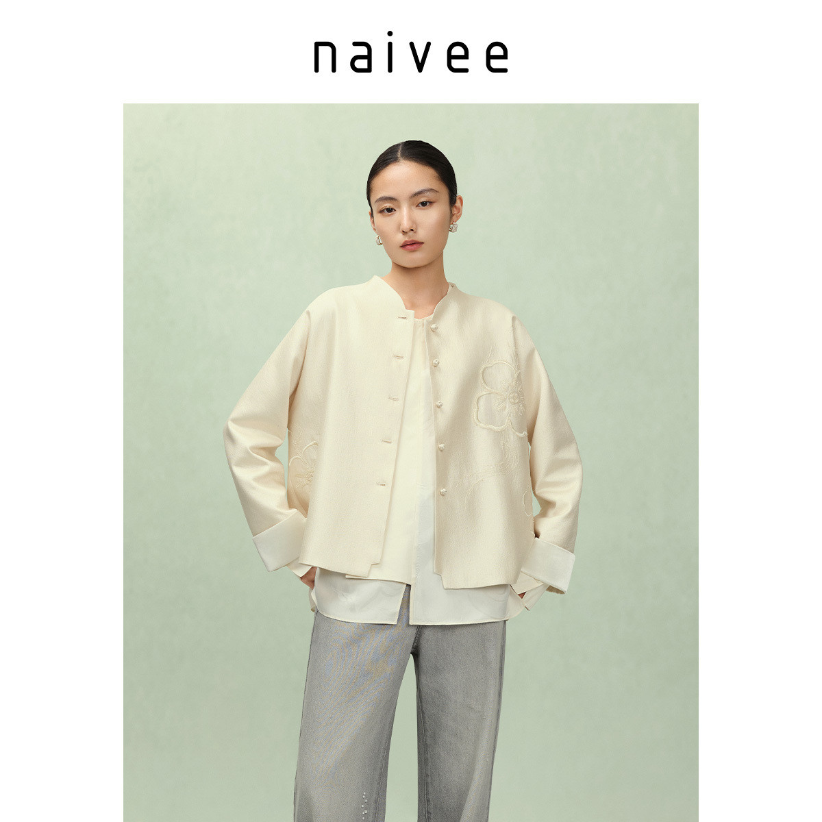 商场同款naivee纳薇25秋新款新中式钉珠刺绣外套女抱花富月半
