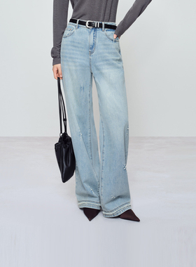 钉珠牛仔裤』商场同款naivee纳薇春季新款宽松阔腿裤女水洗休闲裤