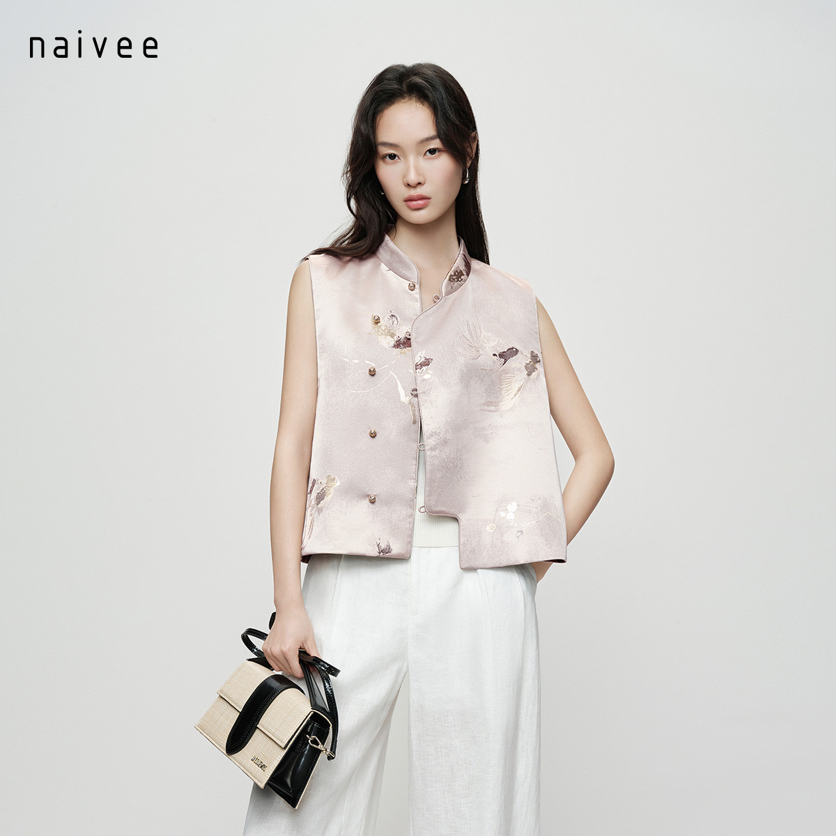 【金鱼满堂提花.双面穿马甲】naivee26春新款双面异色立领斜