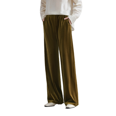 纳薇秋款新中式直筒裤通勤休闲丝绒阔腿松紧腰及地长裤女