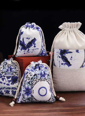 独特意境 青花瓷盘图案 玉器 瓷器首饰 佛珠收纳抽口布袋子小布袋