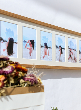 美式连体画框创意组合6孔实木相框六连框简约照片打印带相框