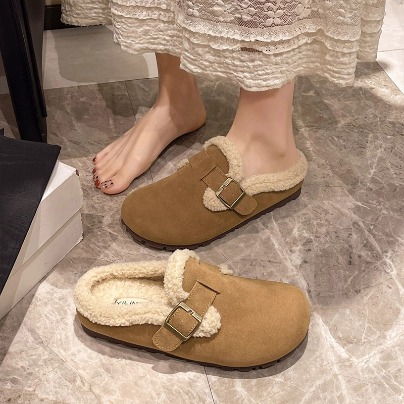 日本代购外穿秋冬季一脚蹬懒人平底包头棉拖女毛毛拖鞋加绒勃肯鞋