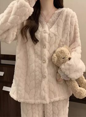 日本代购珊瑚绒加绒加厚秋冬季女士蕾丝长袖法兰绒家居服套装睡衣