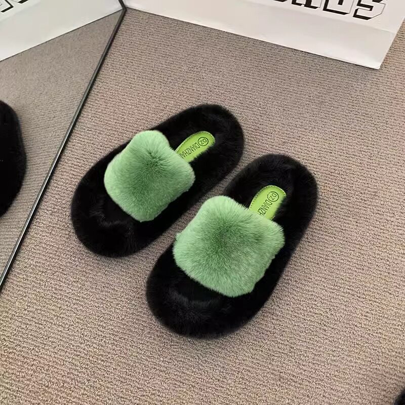 日本代购女爆款冬季外穿高级感网红厚底毛绒一字棉拖春秋毛毛拖鞋