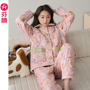 芬腾夹棉三层加厚珊瑚绒睡衣女秋冬卡通动物外穿家居服套装2025年