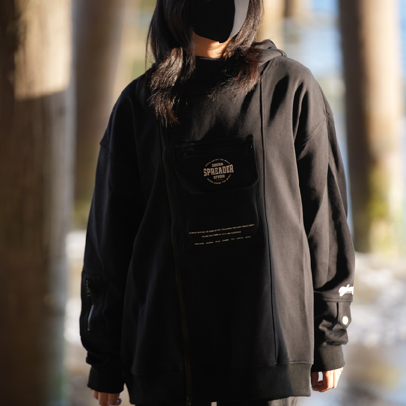 食贫道 原创机票款卫衣黑色连帽oversize纯棉潮保暖秋冬宽松情侣