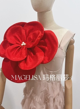 韩式手工立体红色花朵影楼造型拍照配饰道具演出礼服新娘头纱配饰