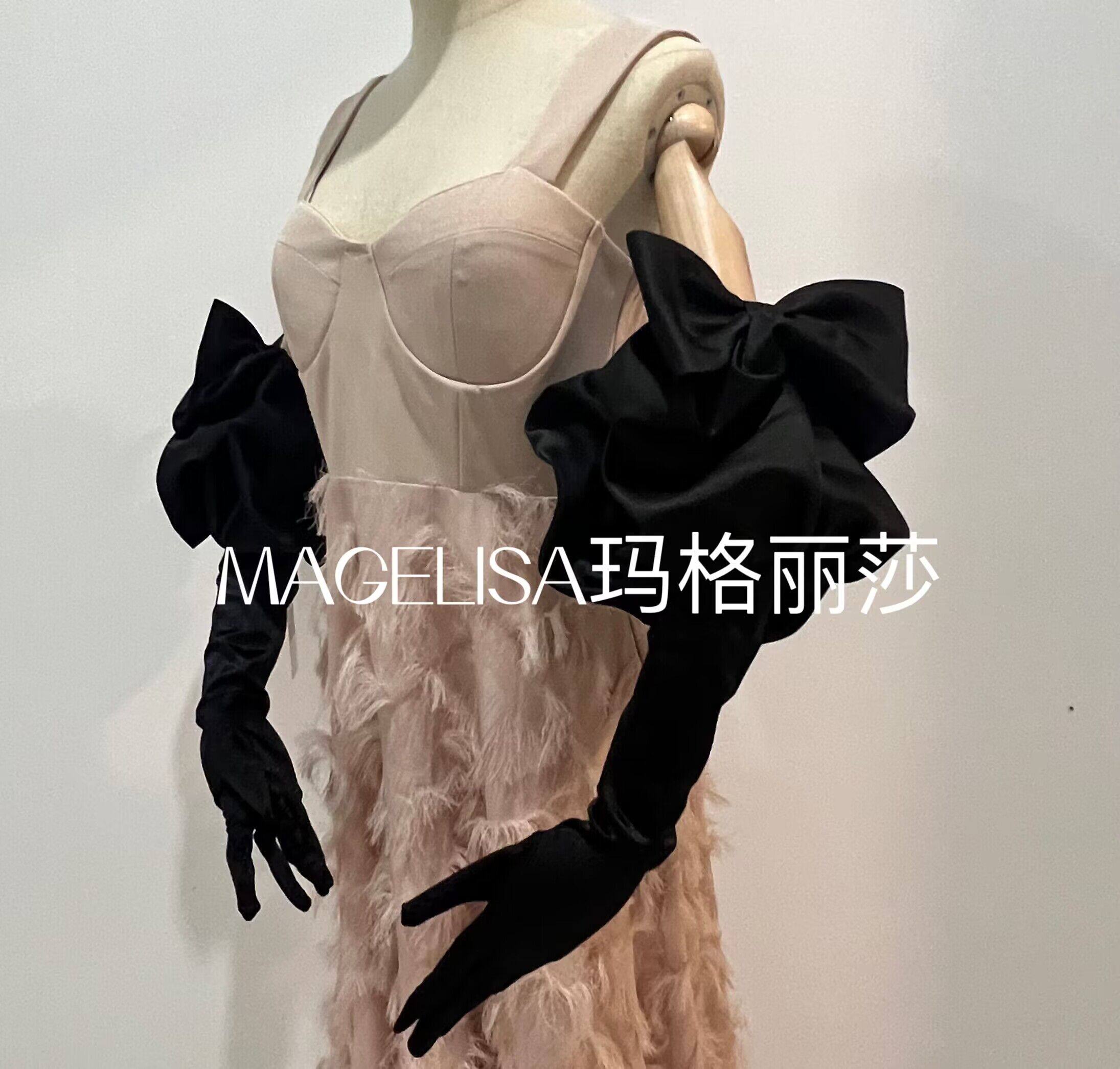 신부 장갑 웨딩 드레스 블랙 사진 스튜디오 사진 메이크업 스타일 퍼프 슬리브 팔 슬리브 커버 팔 롱 스타일