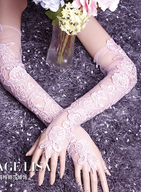 2017春夏新款蕾丝新娘手套长款婚纱长手套红色礼服手套黑色薄手套