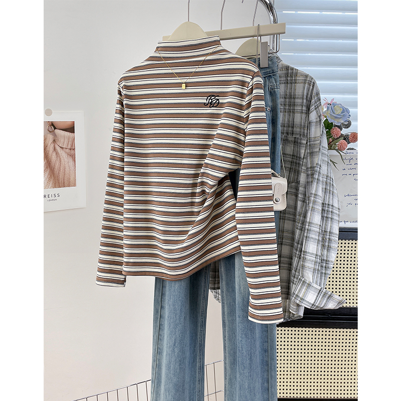 秋冬内搭半高领条纹长袖T恤女加厚双面绒保暖宽松显瘦打底衫上衣