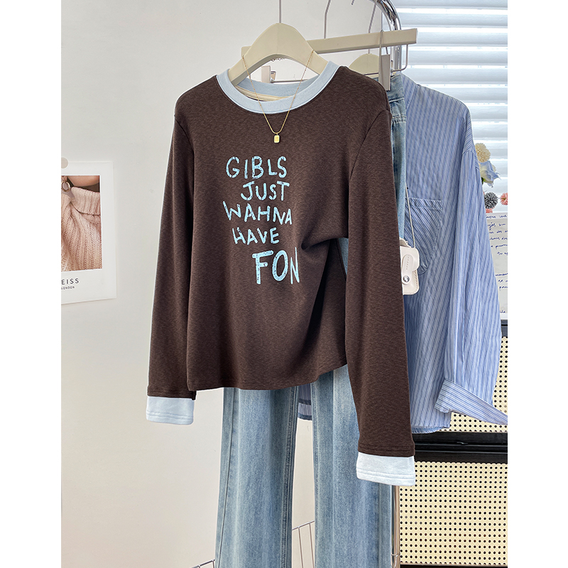 港式复古撞色圆领拼接长袖