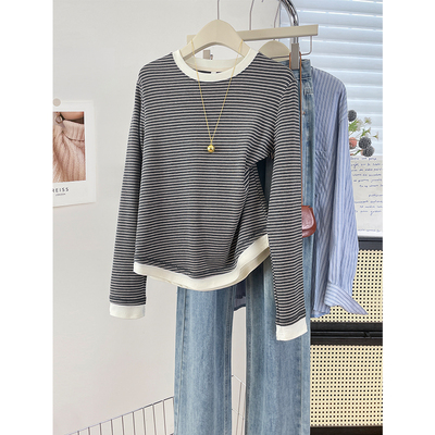 秋冬厚实磨毛条纹长袖打底衫宽松遮肚肉显瘦百搭假两件女装上衣服