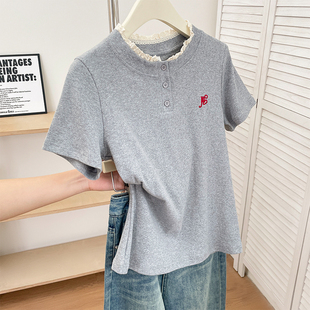 蕾丝花边拼接短袖韩系修身显瘦纯棉女装上衣服刺绣百搭短款T恤衫