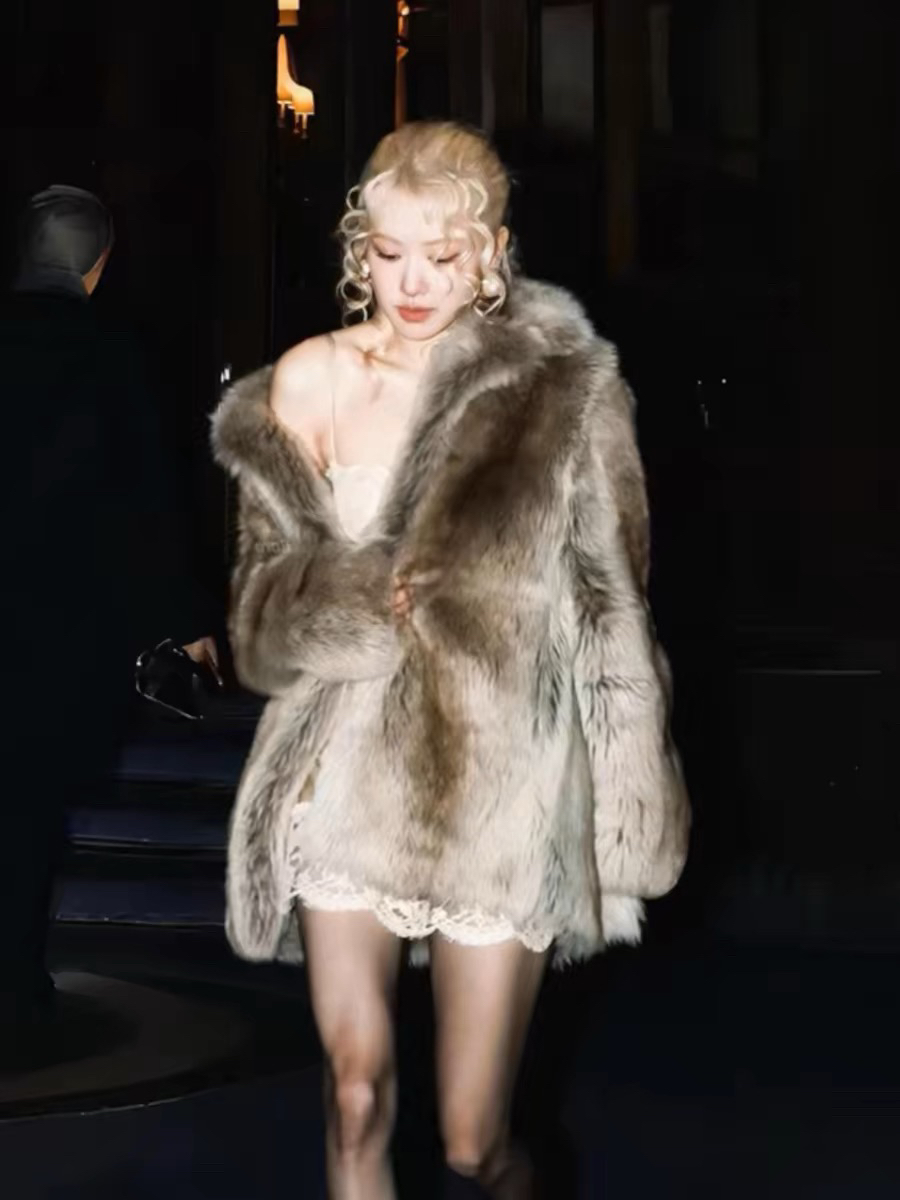 Joy Rose朴彩英同款奢华蓬松毛毛仿狐狸毛皮草慵懒显瘦中长厚外套