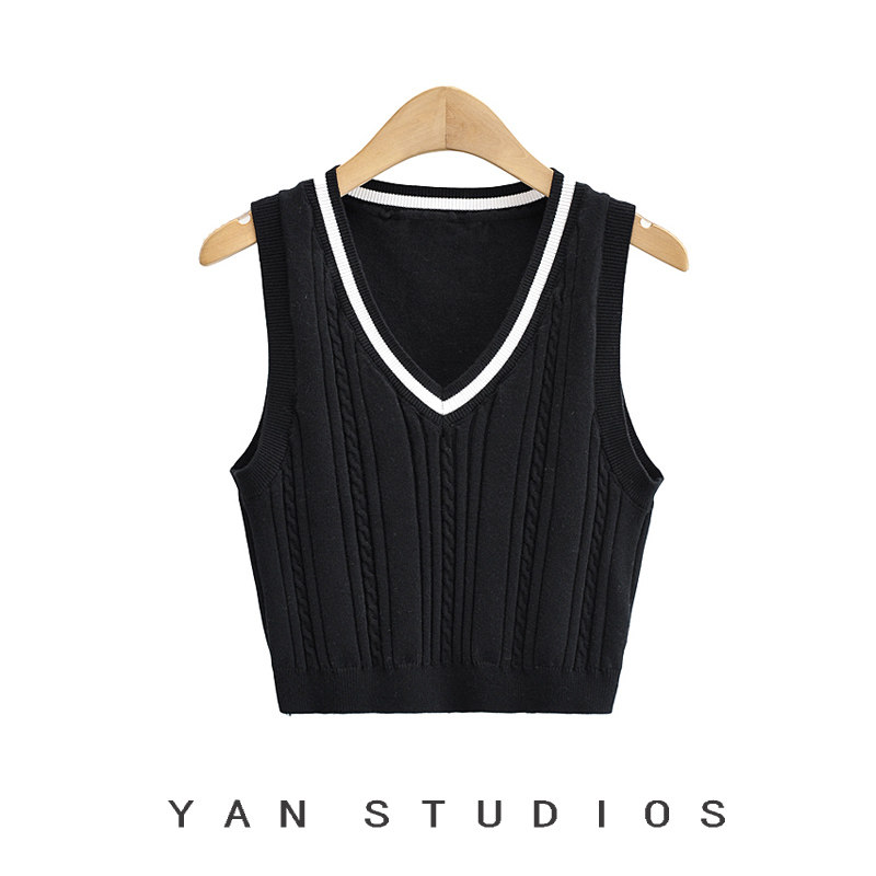包邮欧美秋季新款女式毛衣背心v领学院风设计感短款高腰针织上衣