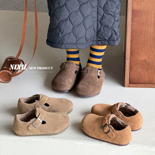 真皮儿童豆豆鞋冬款宝宝加绒勃肯鞋磨砂男童二棉鞋子韩版女童棉鞋