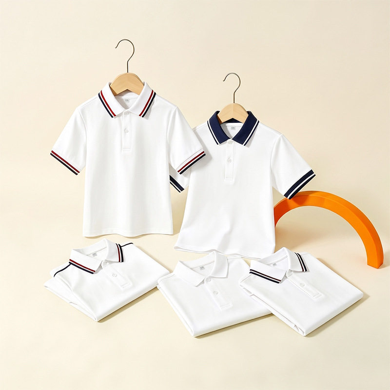 新款儿童polo衫短袖男童女童白色上衣学院风校服翻领T珠地棉透气