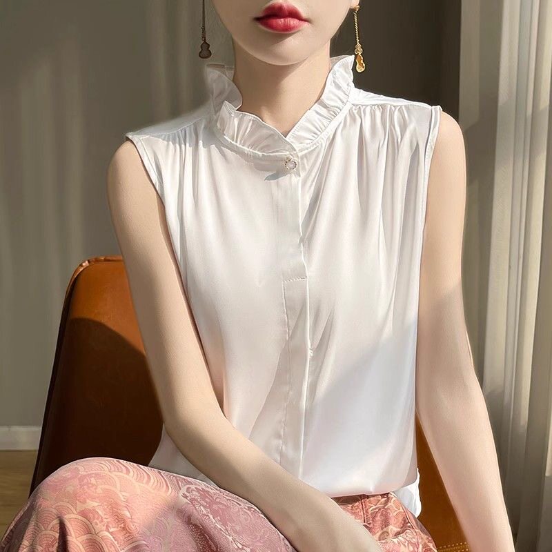 时尚气质木耳花边无袖T恤缎面百搭外穿夏女背心打底洋气叠穿丝滑