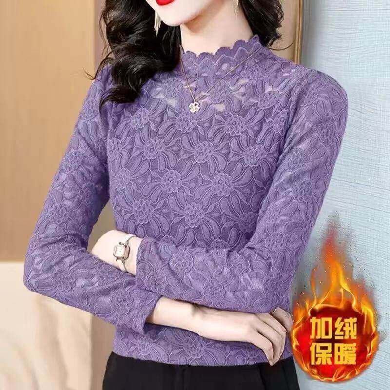 气质打底衫蕾丝镂空内搭上衣女时尚立体钩花洋气加磨毛绒半高领潮