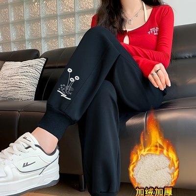 冬季羊羔绒卫裤女士休闲裤显瘦大码哈伦裤加绒加厚运动裤束脚长裤