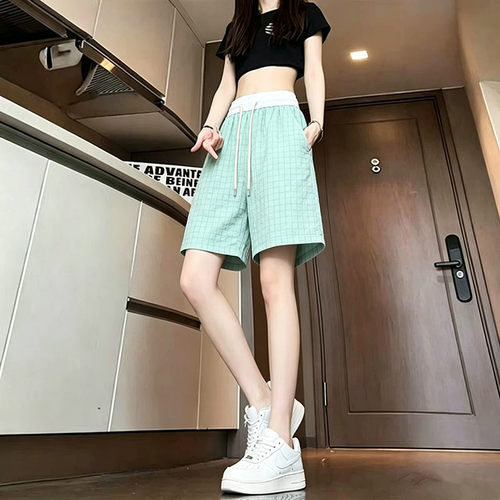 泡泡纱休闲裤女夏季薄款冰丝宽松直筒中裤百搭显瘦时尚潮运动短裤