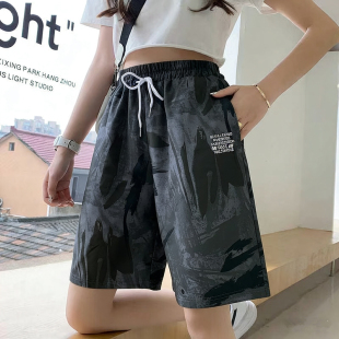 夏季 迷彩运动短裤 子女款 潮 宽松显瘦休闲裤 直筒中裤 薄款 冰丝五分裤
