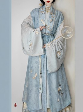 原创汉服女【万袖明宋-白茶清欢】明制长比甲立领衫蓝色套装秋款